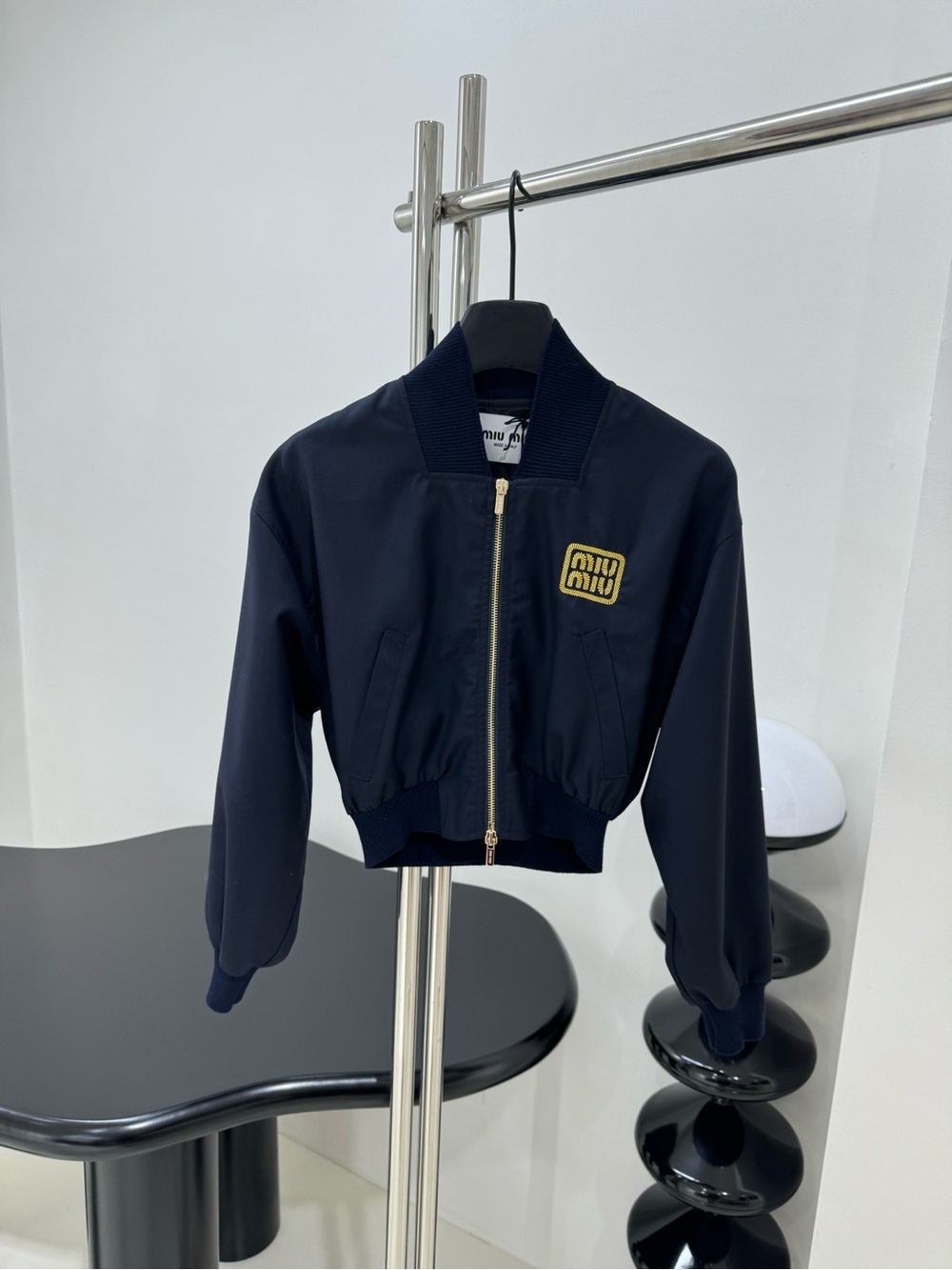 Miu Miu Navy Cropped Bomber Jacket with Gold Logo